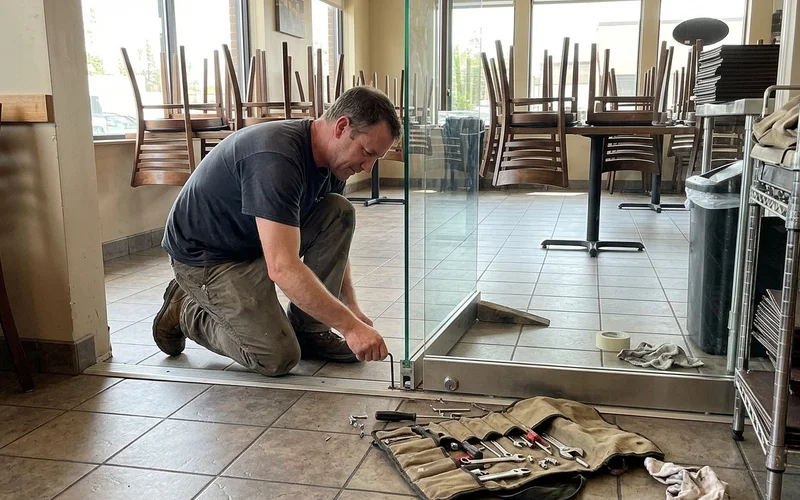 Glazier adjusting a Dorma floor closer on a new frameless restaurant door