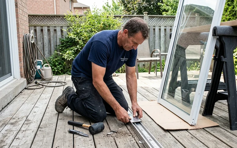 Glazier fitting a stainless track cap over a worn patio door track