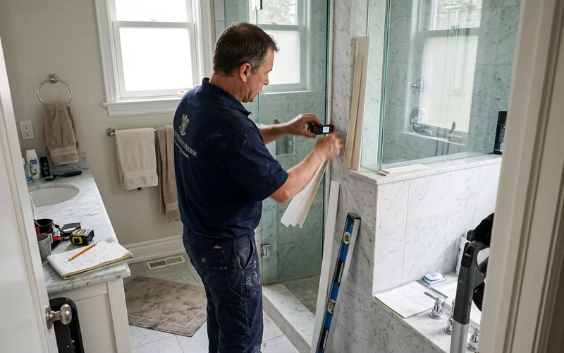 Glazier laser-templating a finished marble shower opening