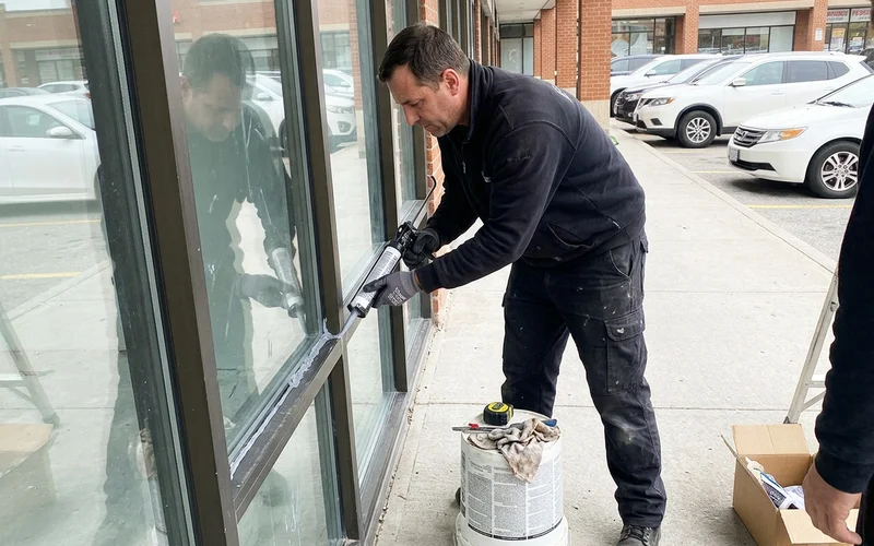 Glazier sealing a new tempered storefront lite with Dow Corning 795