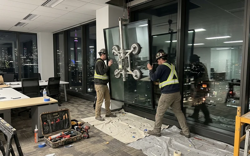 Night crew setting a new curtain wall unit from inside with a vacuum lifter
