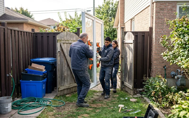Crew carrying a tall tempered Low-E patio unit through a side gate
