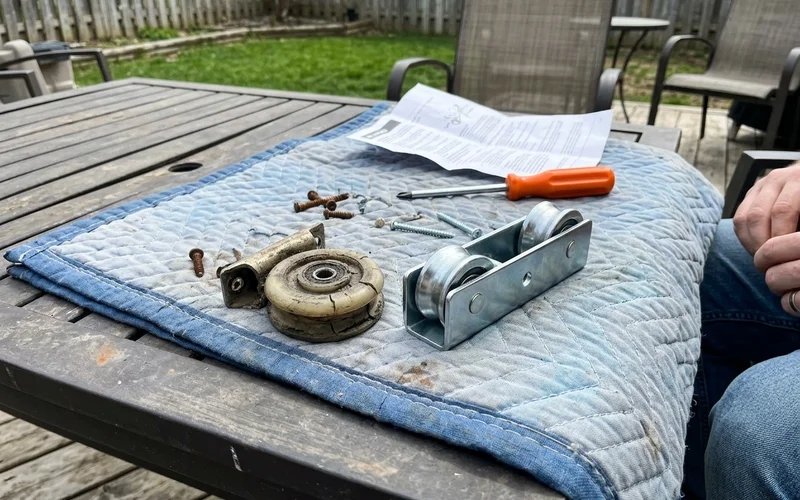 Worn nylon patio door roller beside a new steel tandem roller