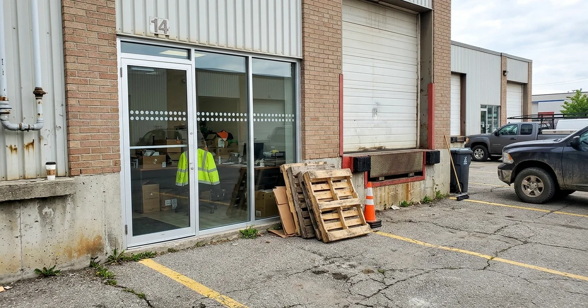 Woodbridge commercial entrance with new SentryGlas door glass and AODA strips