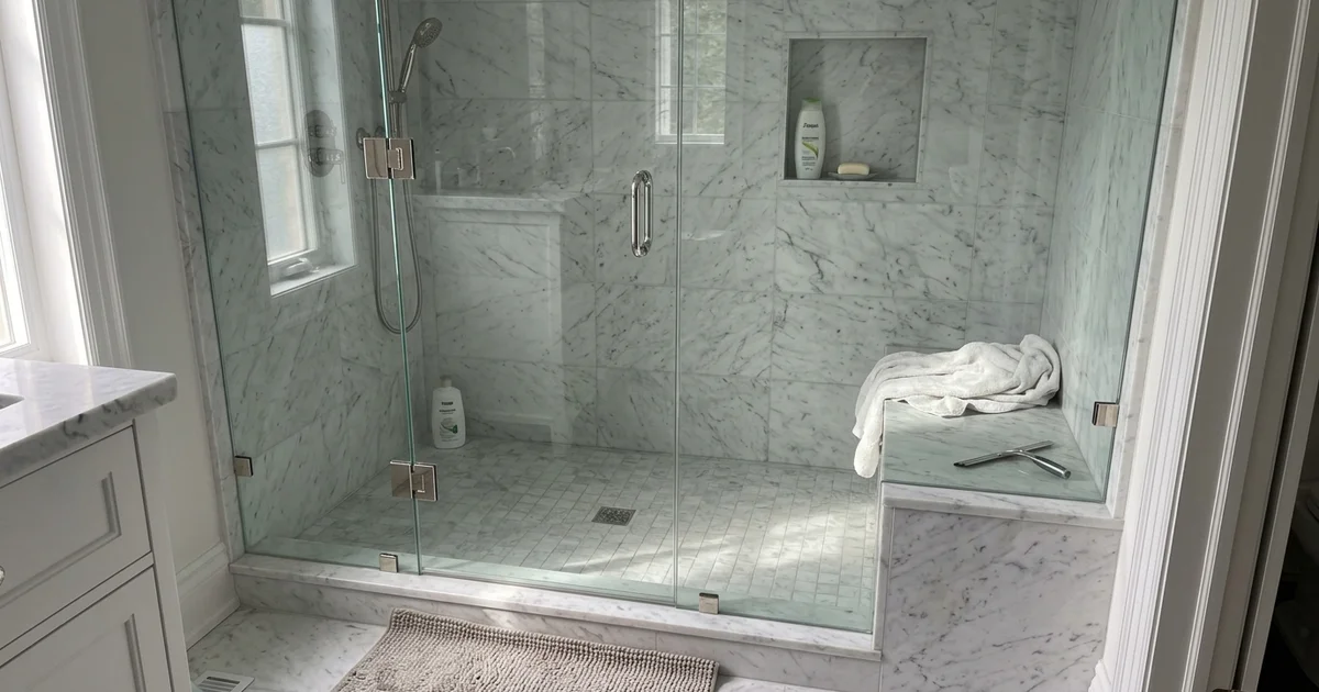 Finished Starphire frameless shower with Dorma hinges in a Rosedale ensuite