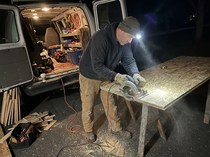 OSB sheet being cut to size on sawhorses beside a work van at night