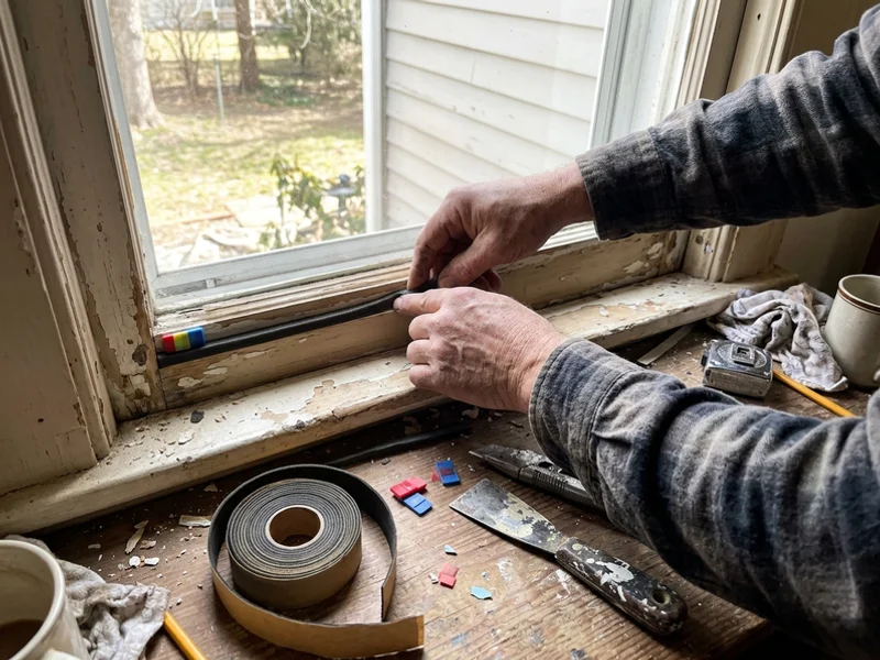 Glazier fitting glazing tape and setting blocks into a wood sash