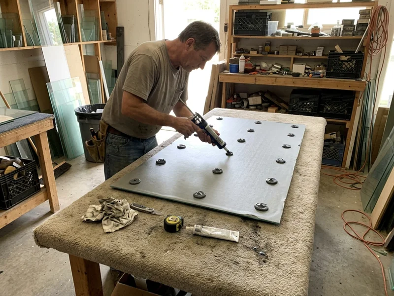 Glazier applying mirror mastic to the back of a bevelled vanity mirror