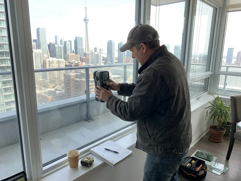 Glazier reading a condo window coating with a handheld spectrophotometer