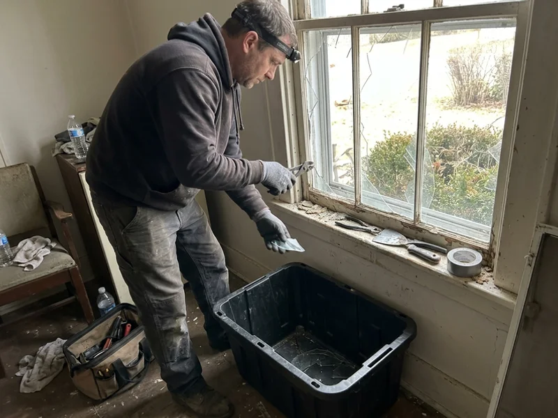Glazier in cut-resistant gloves clearing broken glass from a window frame
