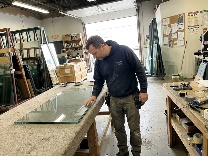 Glazier inspecting a tempered panel edge on a padded bench before install