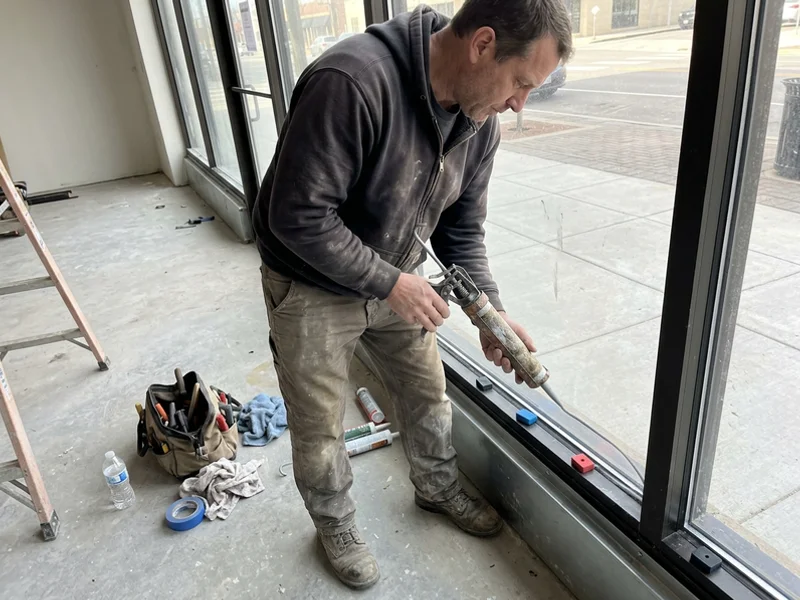 Glazier sealing a new storefront lite with Dow Corning 795 over fresh setting blocks