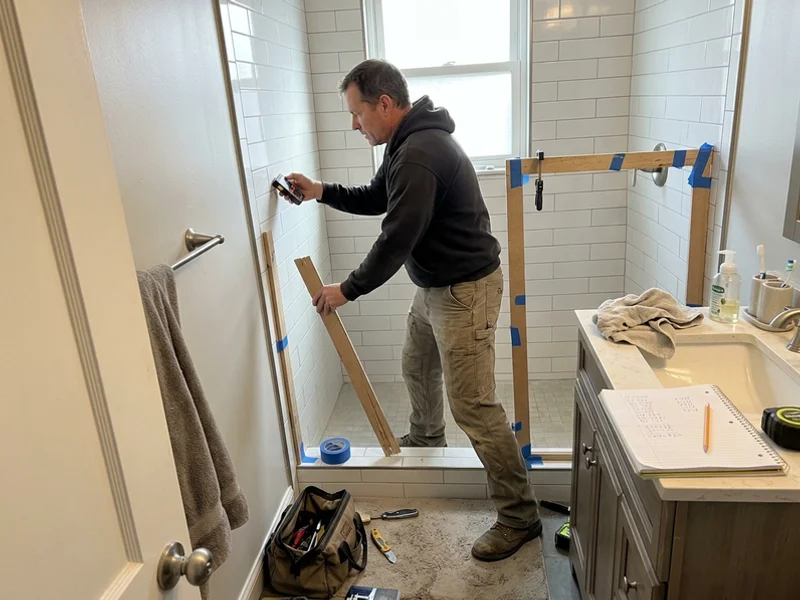 Glazier laser-templating a tiled shower opening for a custom enclosure