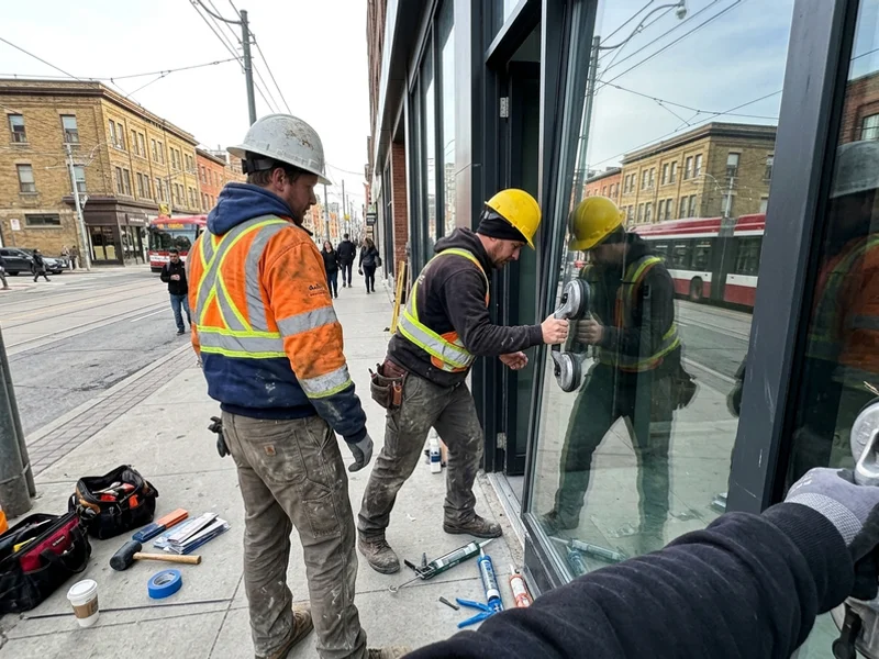 Three-person glazing crew fitting a new storefront panel on a GTA street