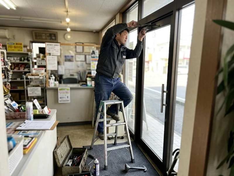 Technician adjusting an overhead concealed closer on a storefront entrance door