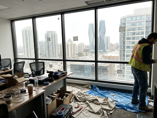 Commercial window wall with new Low-E units near Square One