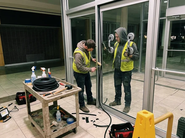 Crew resetting a mall vestibule panel at night