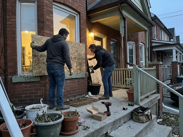 Crew fixing 15mm OSB over a broken window on a Leslieville semi