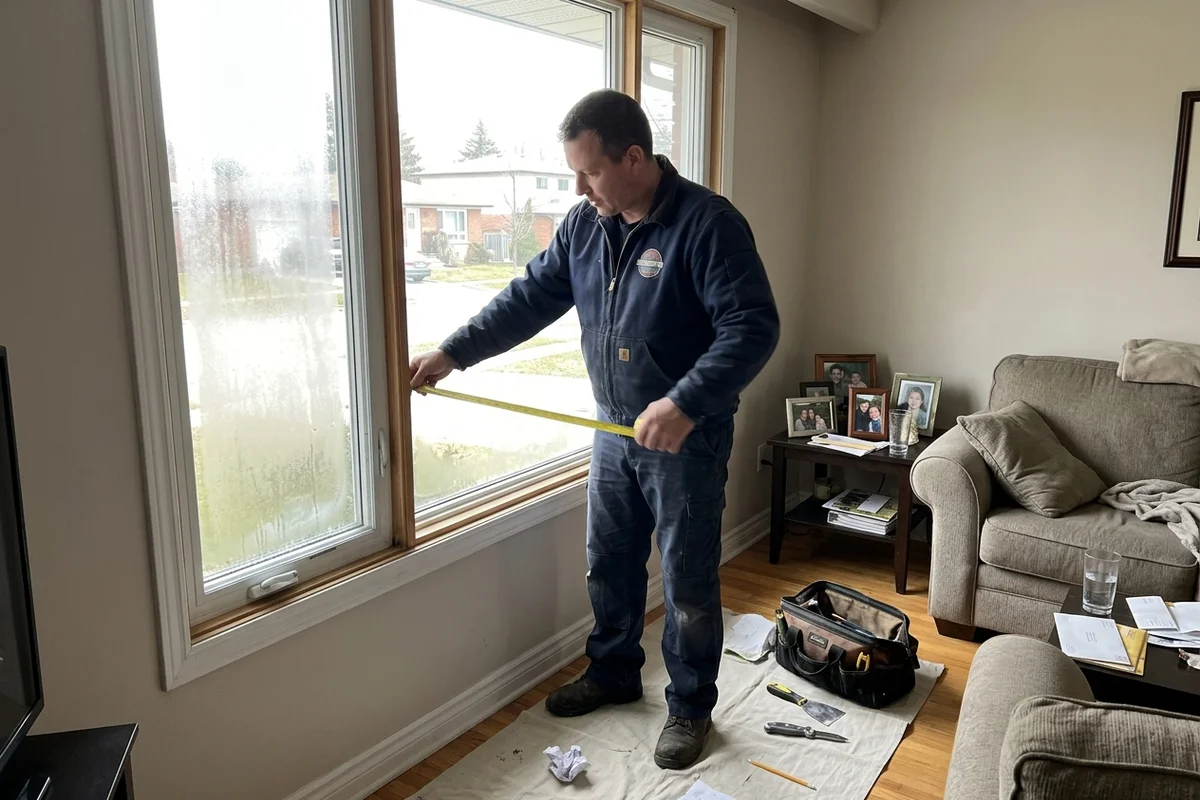 Glazier measuring a foggy double-pane window in a Willowdale living room