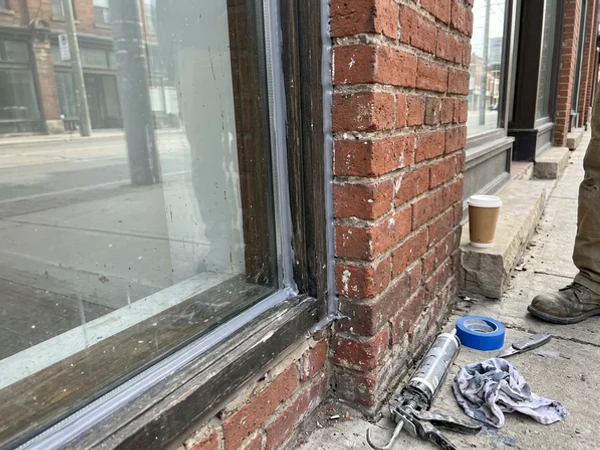 Fresh Dow Corning 795 bead on a heritage storefront lite
