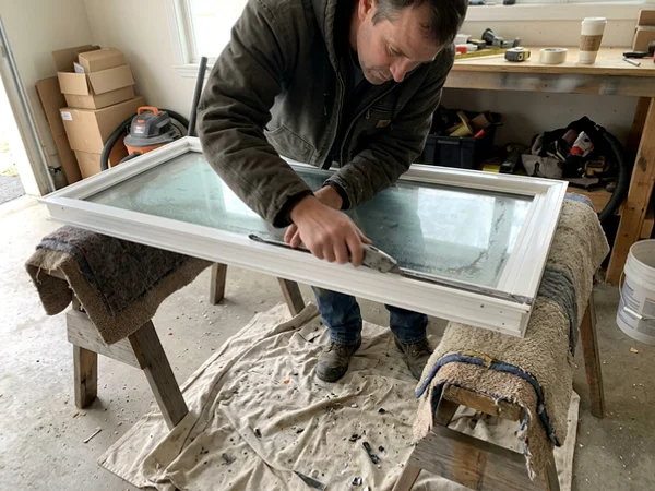 Glazier cutting an old fogged unit free from a vinyl casement sash