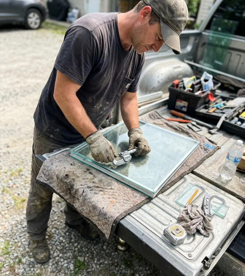 Glazier measuring an insulated glass unit with a digital micrometer