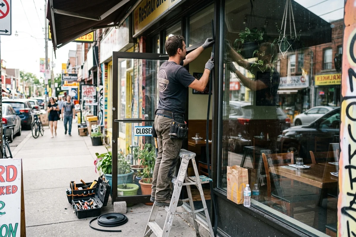 Glazier replacing EPDM gasket on a Kensington Market restaurant storefront
