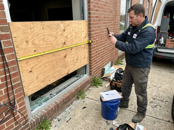 Glazier photographing a boarded opening for an insurance report