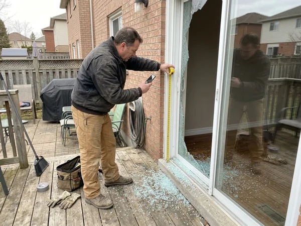 Glazier photographing broken patio glass for the insurance adjuster
