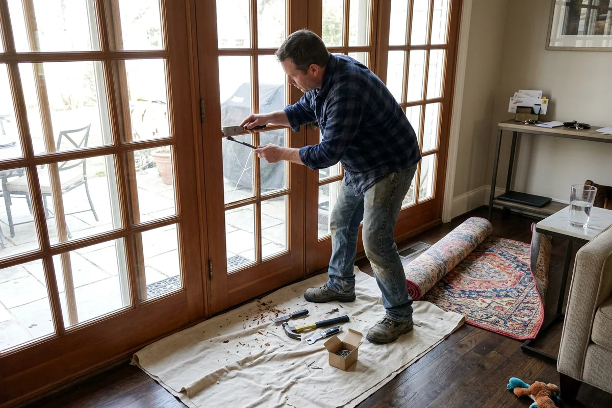 Glazier removing glazing stops from a cracked French door in Forest Hill