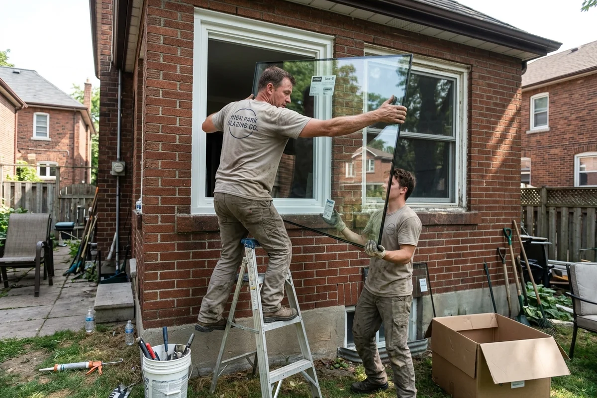 Glazing crew lifting a new Low-E sealed unit into an existing vinyl frame on a High Park house