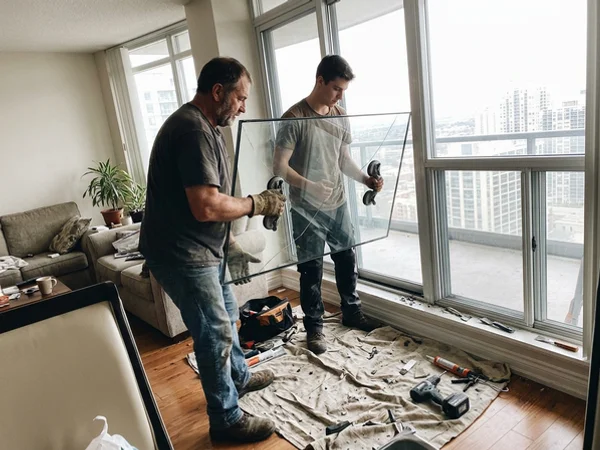 Cracked double-pane unit being removed from a condo window frame