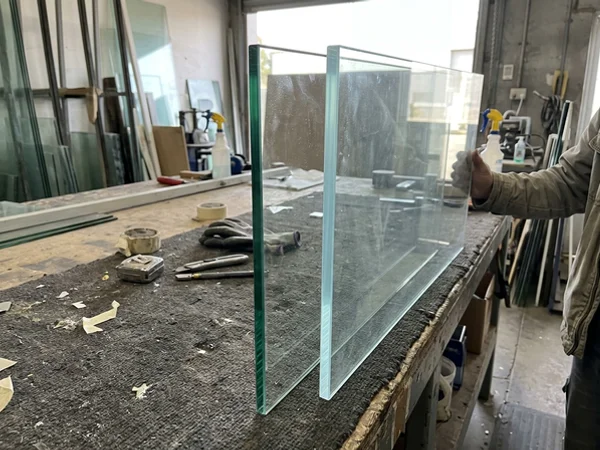 Edge view comparing green-tinted float glass and clear Starphire low-iron glass