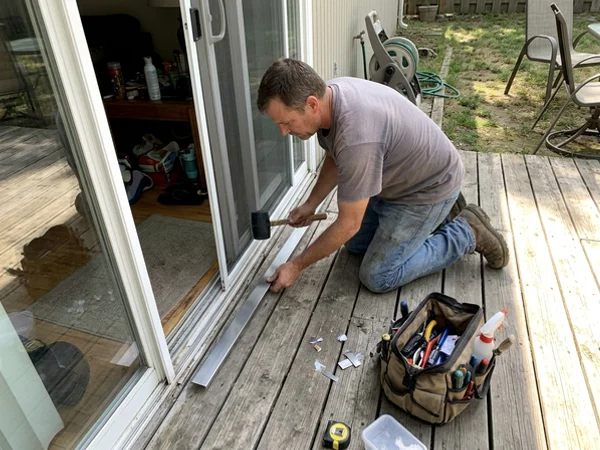 Stainless track cap being fitted over a worn patio door track