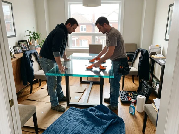 Tempered glass table top being set onto a dining table base