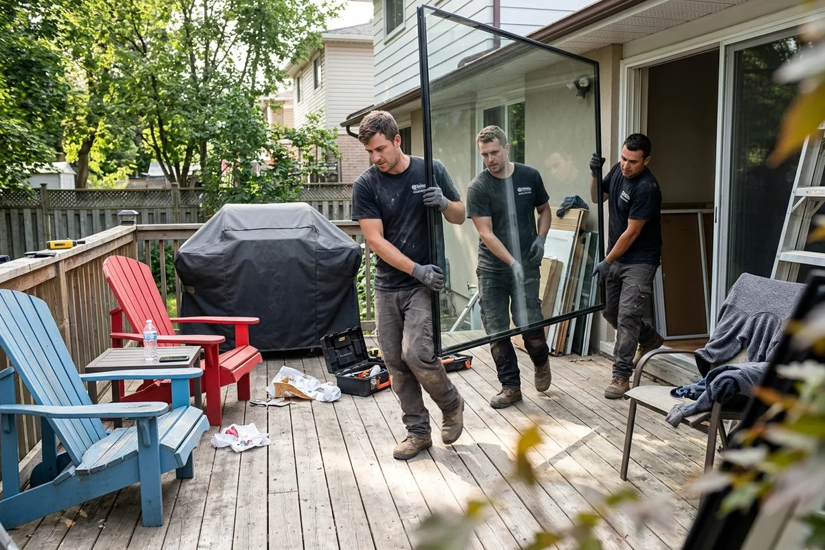 Glazing crew carrying a tempered patio door unit across a Port Credit deck