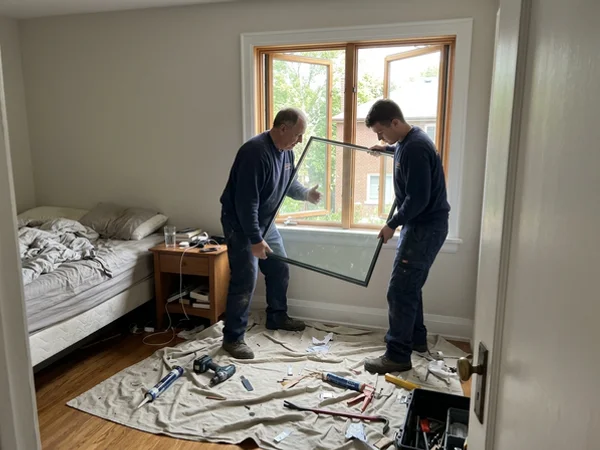 Two glaziers installing a double-pane unit into a wood casement in Lawrence Park