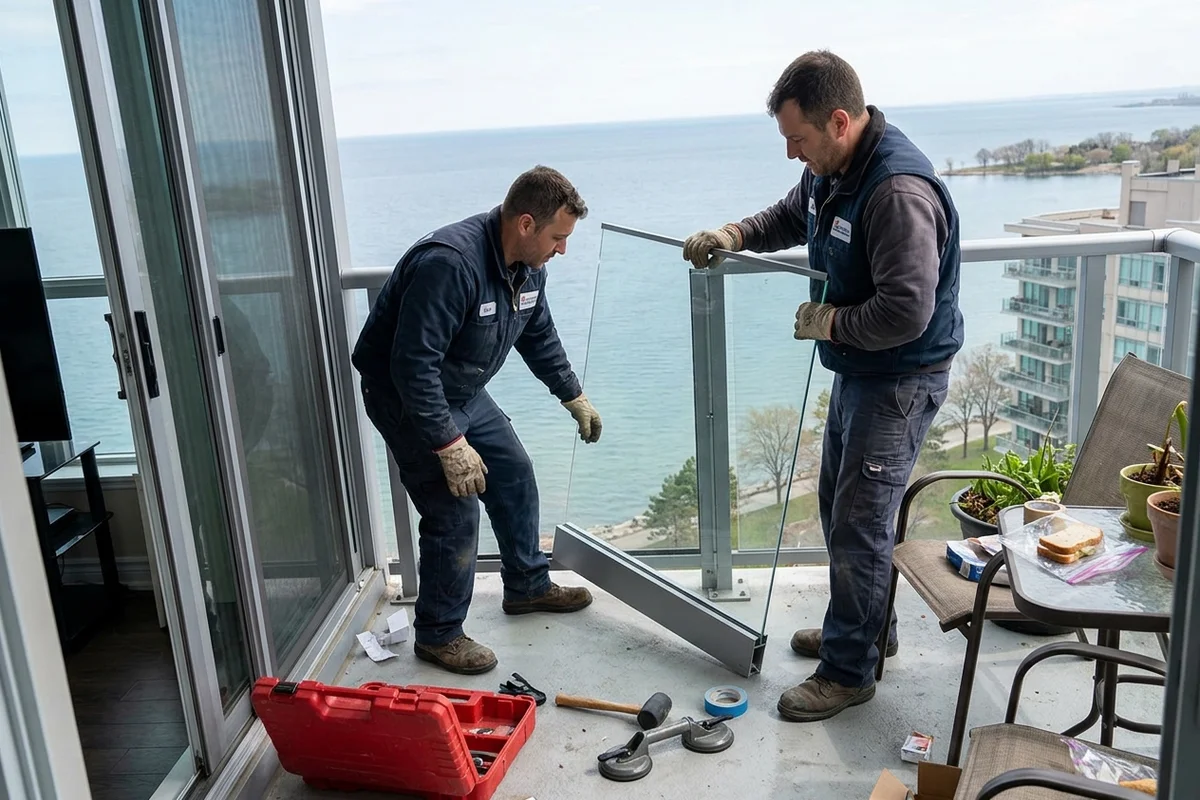 Two glaziers installing a tempered balcony guard panel on a Mimico condo