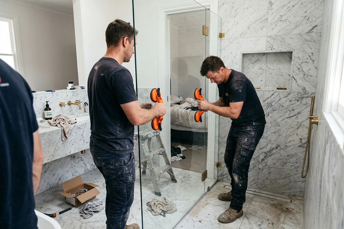 Two glaziers setting a Starphire frameless shower panel in a marble Rosedale ensuite