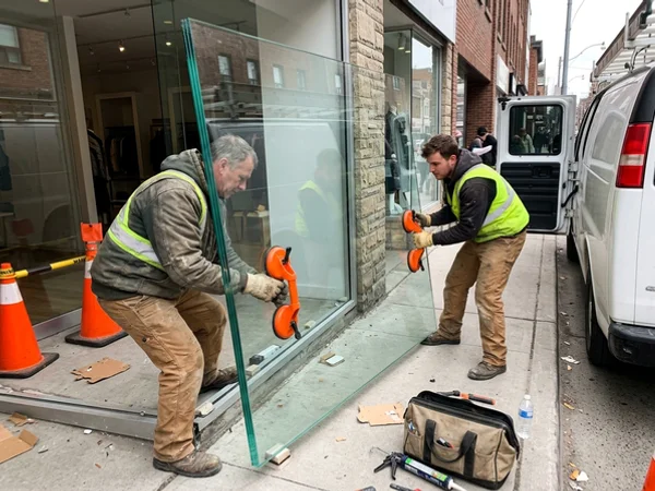 Glaziers setting a new tempered display window in a Yorkville boutique