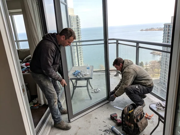 Installers rehanging a balcony sliding door in Humber Bay Shores
