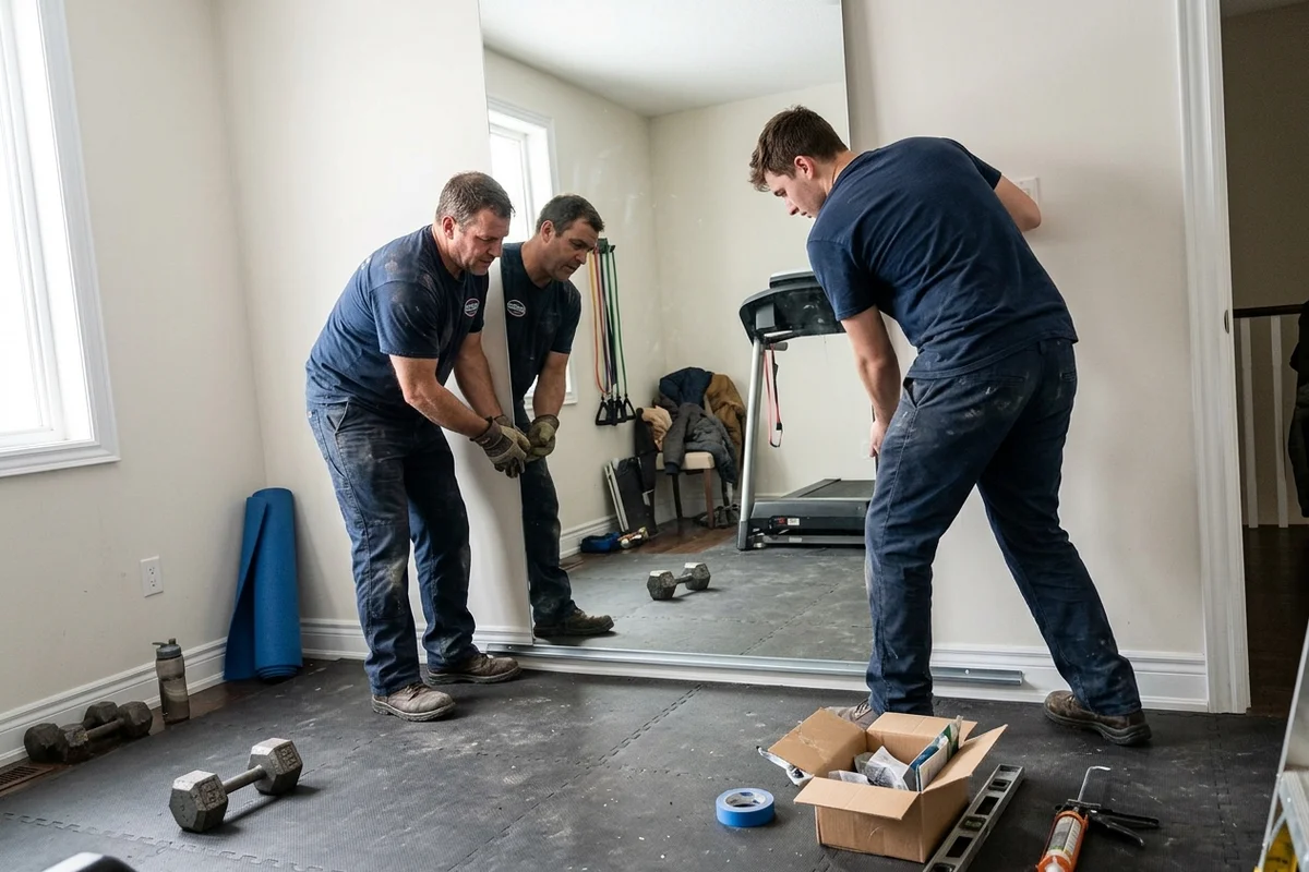 Two installers setting a floor-to-ceiling gym mirror panel into J-channel in Old Oakville