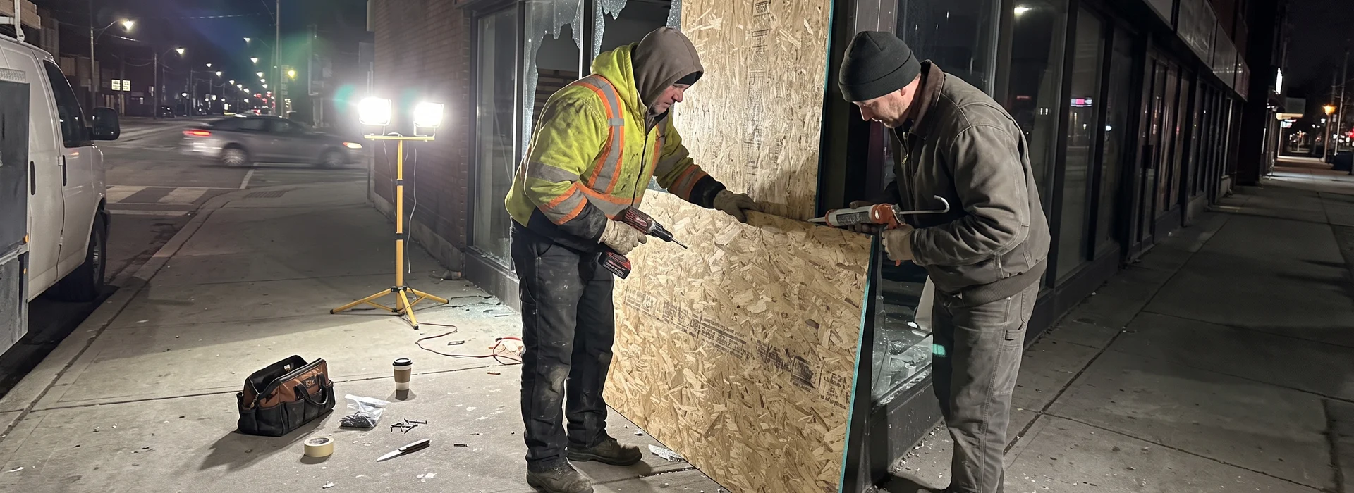 Glazing crew boarding up a broken storefront window at night in Toronto
