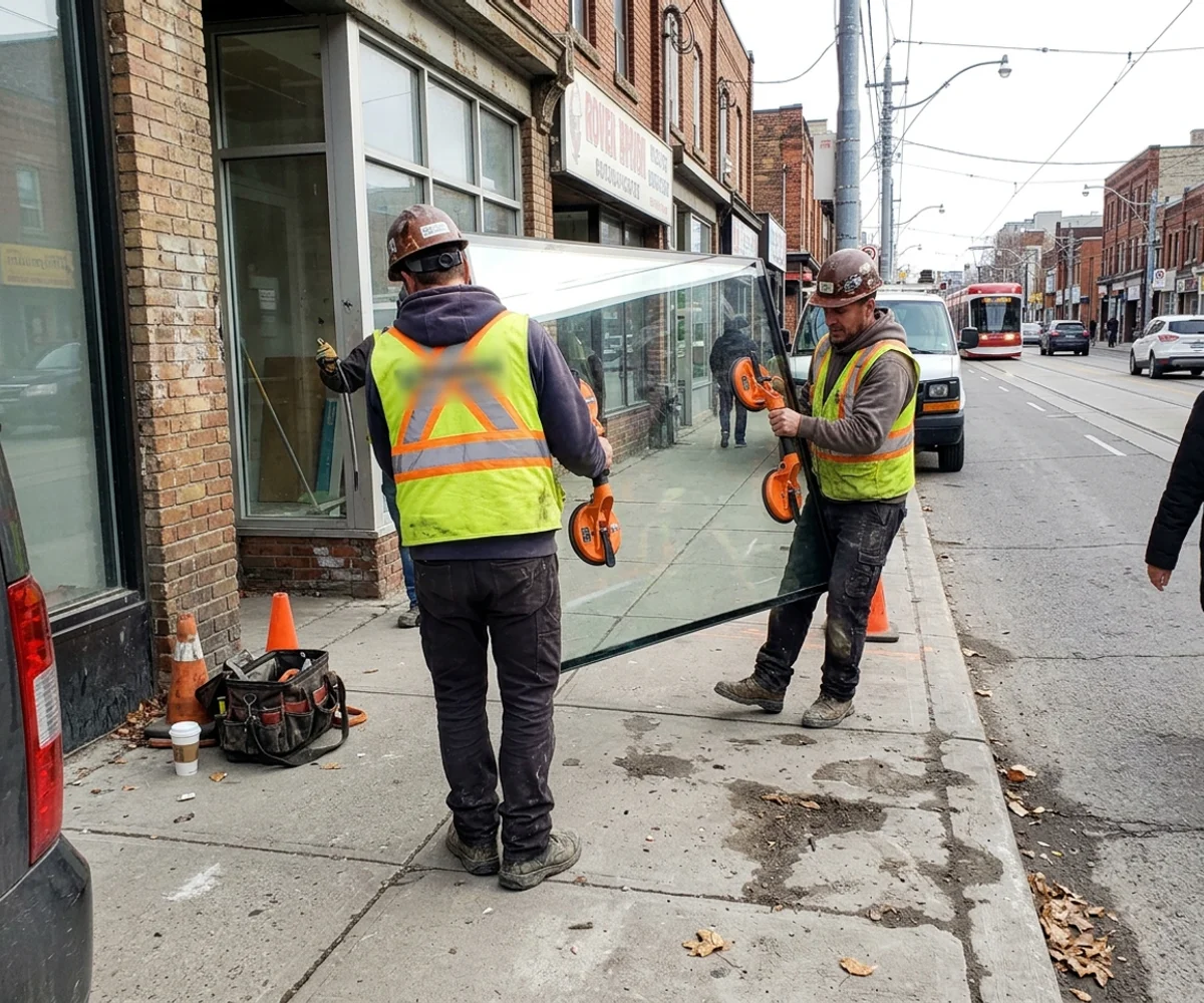 Two-person glazing crew carrying a large glass unit toward a Queen West storefront