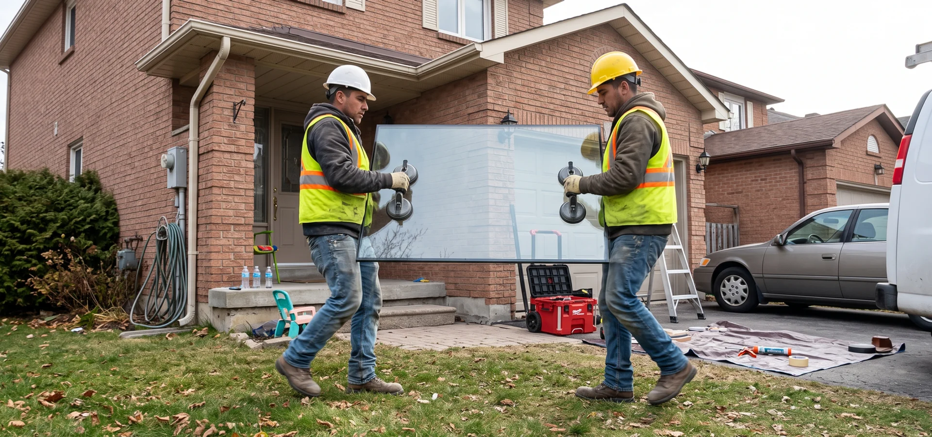 Elite Glass Repair Toronto crew carrying a large glass panel to a GTA home
