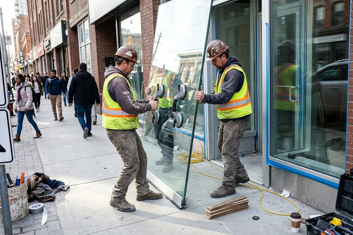 Two-person glazing crew setting a tempered storefront panel into an aluminum frame on Queen West