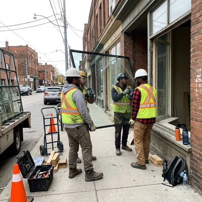 The Elite Glass Repair Toronto Crew carrying a large glass panel beside a Toronto storefront