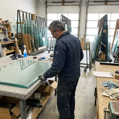 Ryan Vukovic inspecting the edge of a tempered glass panel in the Vaughan shop